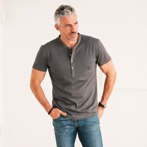 Woven Placket Henley Short Sleeve Shirt –  Slate Gray Cotton Jersey