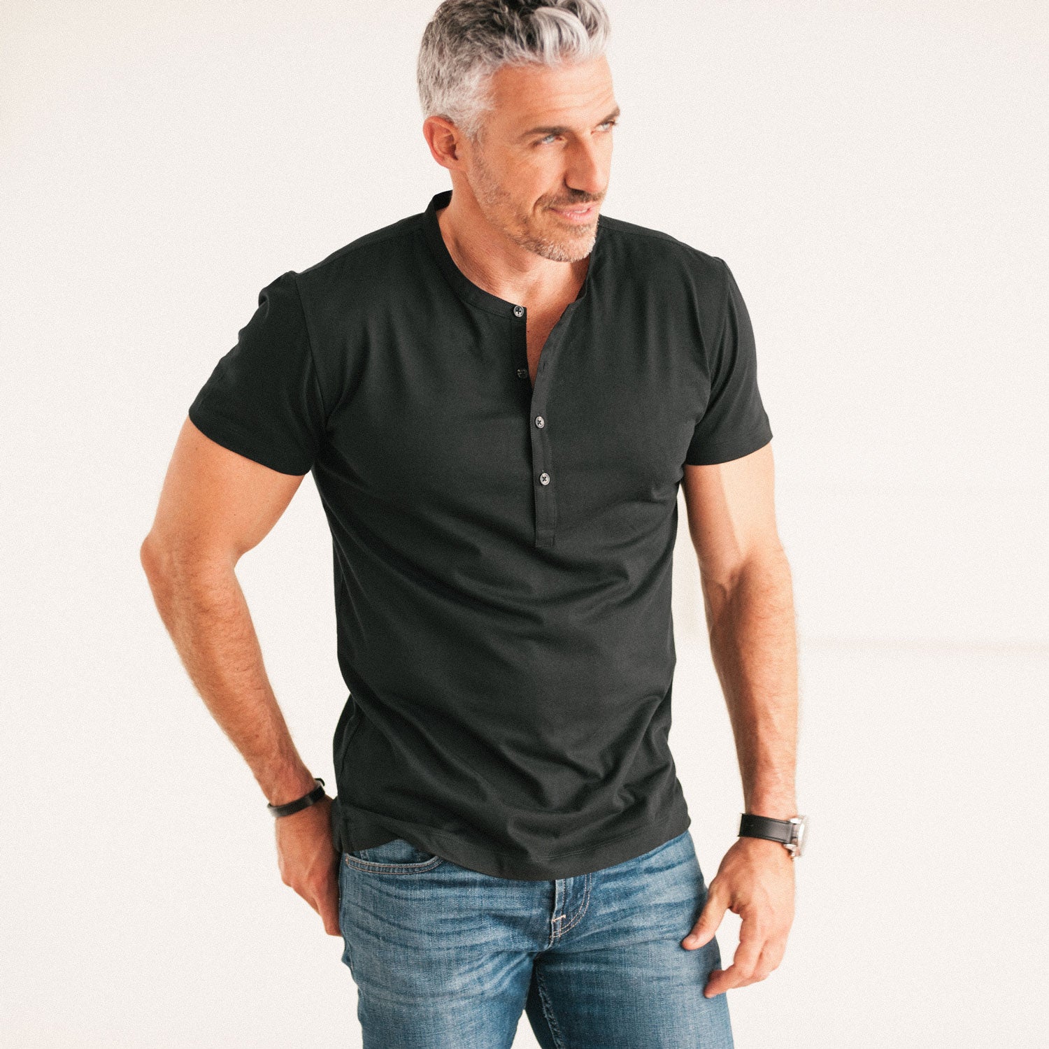 Men's Henley - Short Sleeves in Black Cotton Jersey | Batch