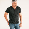 Woven Placket Henley Short Sleeve Shirt –  Black Cotton Jersey