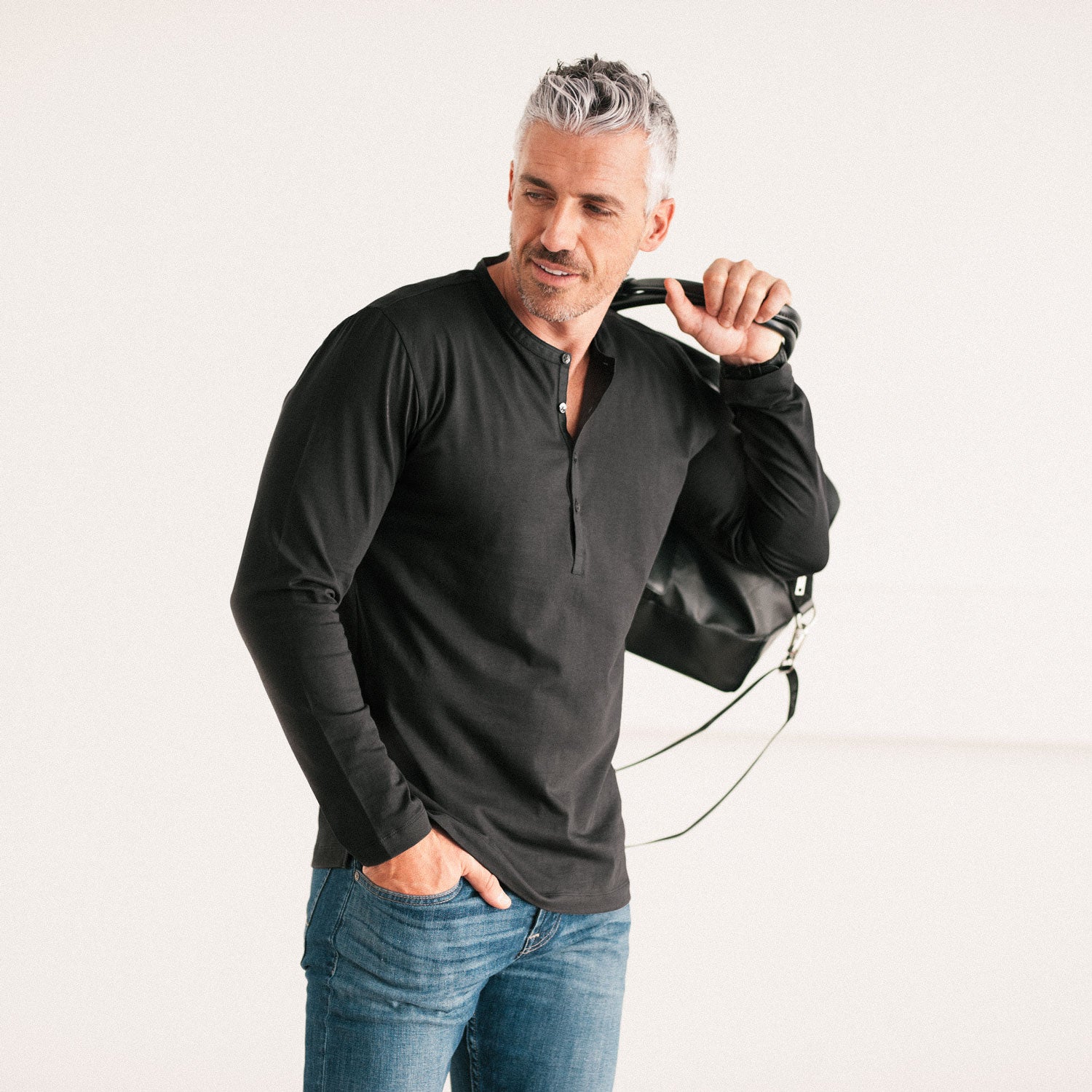 Woven Placket Henley Shirt – Black Cotton Jersey