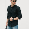 Editor Two Pocket Men's Utility Shirt In Jet Black Mercerized Cotton On Body With Medium Denim