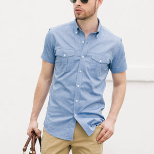 Editor Two Pocket Short Sleeve Men's Utility Shirt In Classic Blue Cotton Pinpoint Oxford On Body
