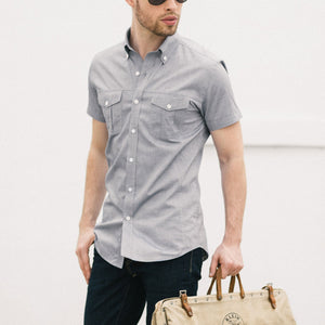 Editor Two Pocket Short Sleeve Men's Utility Shirt In Flint Gray Cotton Pinpoint Oxford On Body