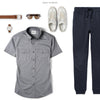 Editor Two Pocket Short Sleeve Men's Utility Shirt In Flint Gray Ways To Wear With Navy Joggers