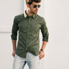 Explorer Two Pocket Men's Utility Shirt In Fatigue Green Cotton Twill On Body