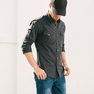Maker Two Pocket Men's Utility Shirt In Asphalt Gray Cotton End-On-End On Body